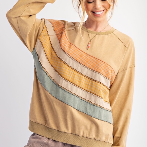 New Easel Washed Distressed Terry Knit Pullover Patchwork Sweatshirt Patchwork - Picture 3 of 10